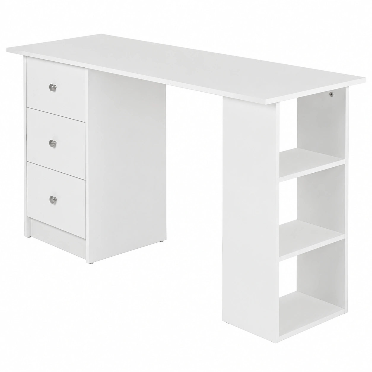 Weißer Schreibtisch mit Schubladen und Regalen, 120x49x72 cm, ideal für Homeoffice und Büro