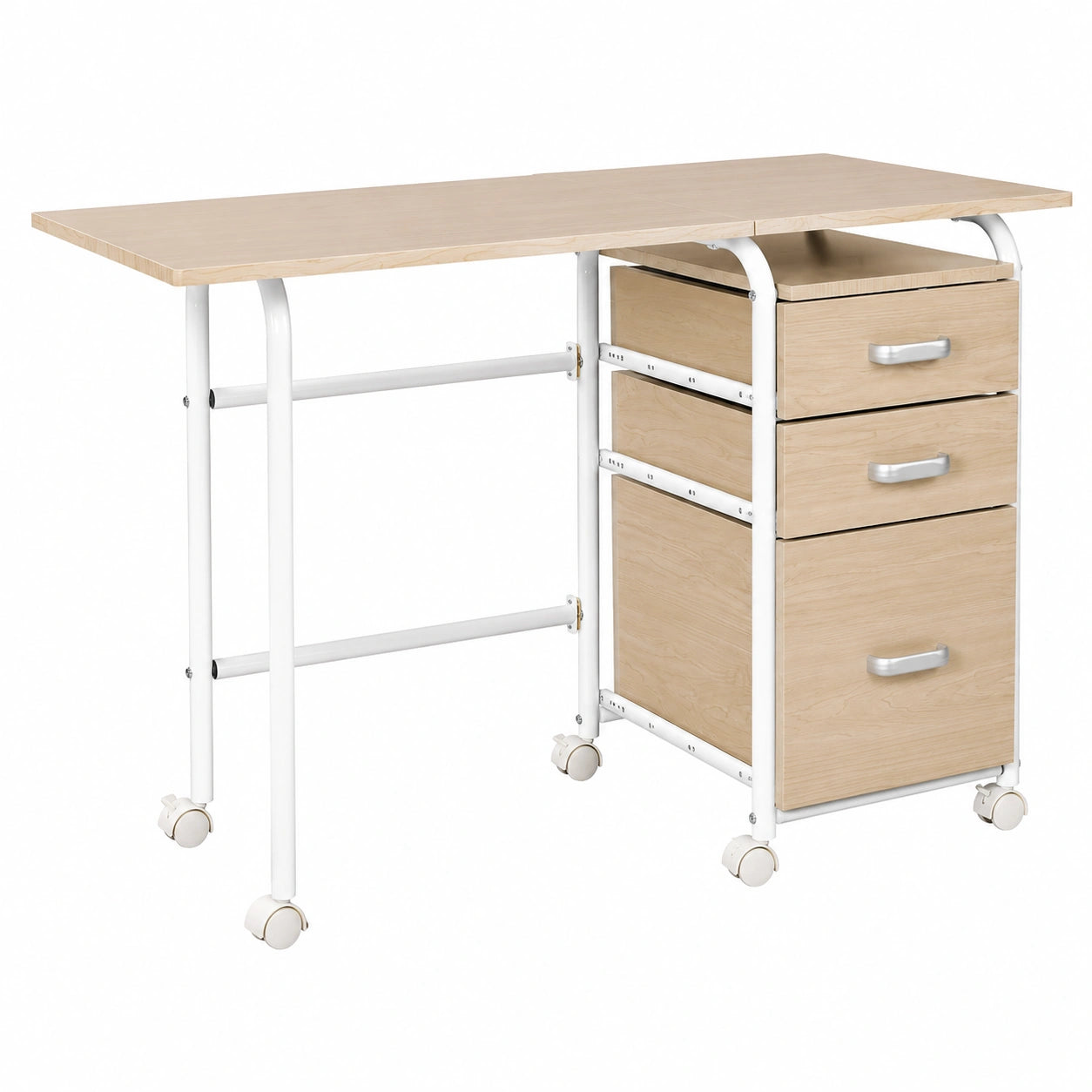 Klappbarer Computertisch mit Schubladen und Rollen, Platzsparender Schreibtisch aus Metall für kleine Büros, 105 x 50 x 75 cm, Naturholz