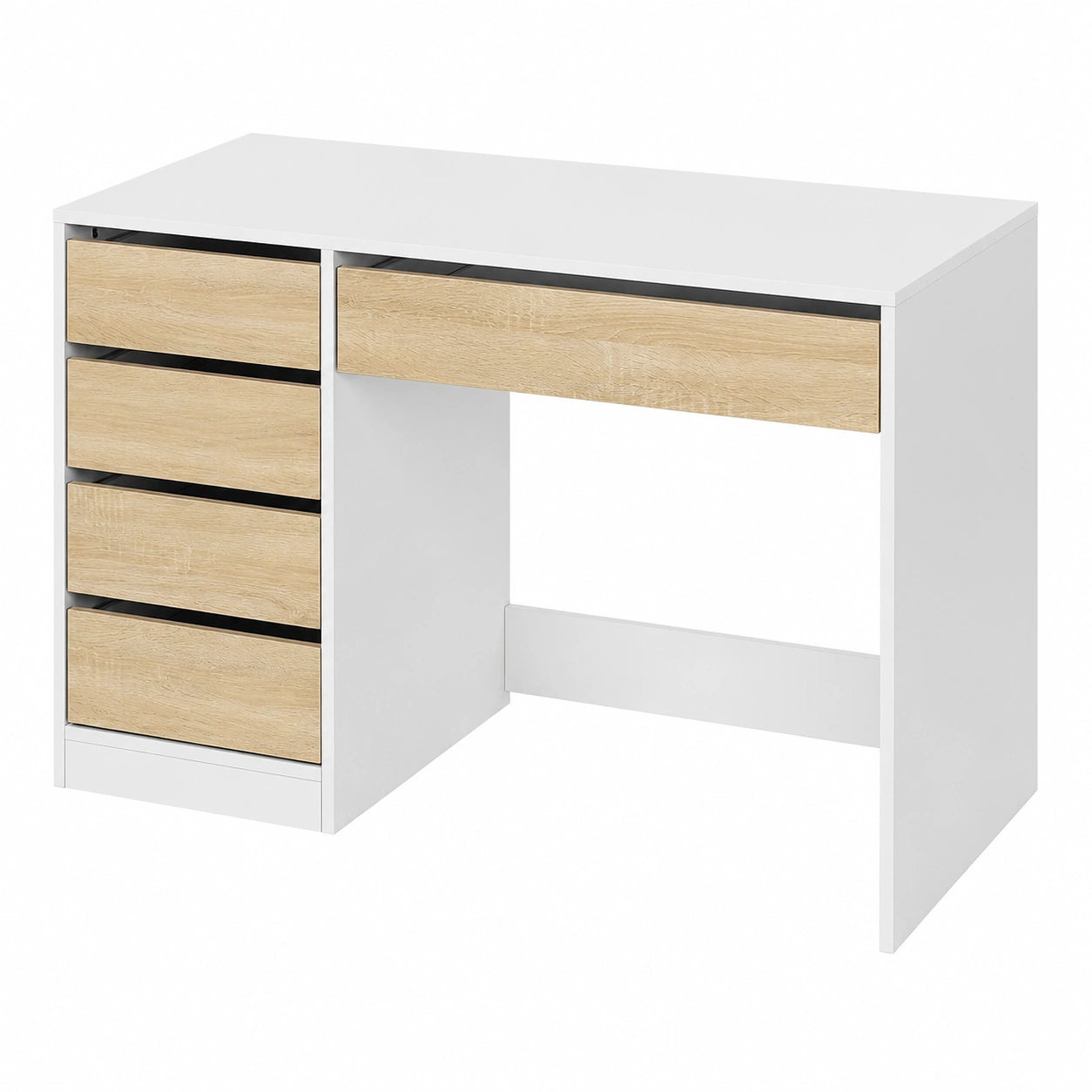 Moderner Schminktisch mit 5 Schubladen, Multifunktionaler Schreibtisch, Weiß mit Holzoptik