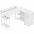 Eckschreibtisch mit Schubladen und LED, 135x110cm, L-förmig mit Steckdosen und USB-Anschlüssen, Weiß für Home Office
