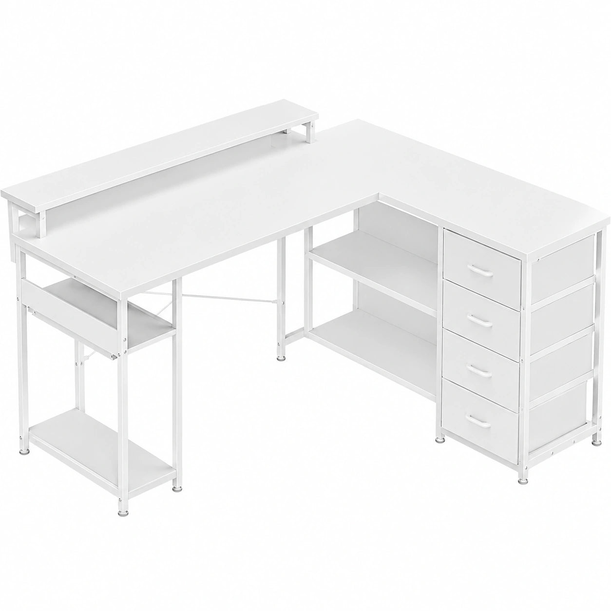 Eckschreibtisch mit Schubladen und LED, 135x110cm, L-förmig mit Steckdosen und USB-Anschlüssen, Weiß für Home Office