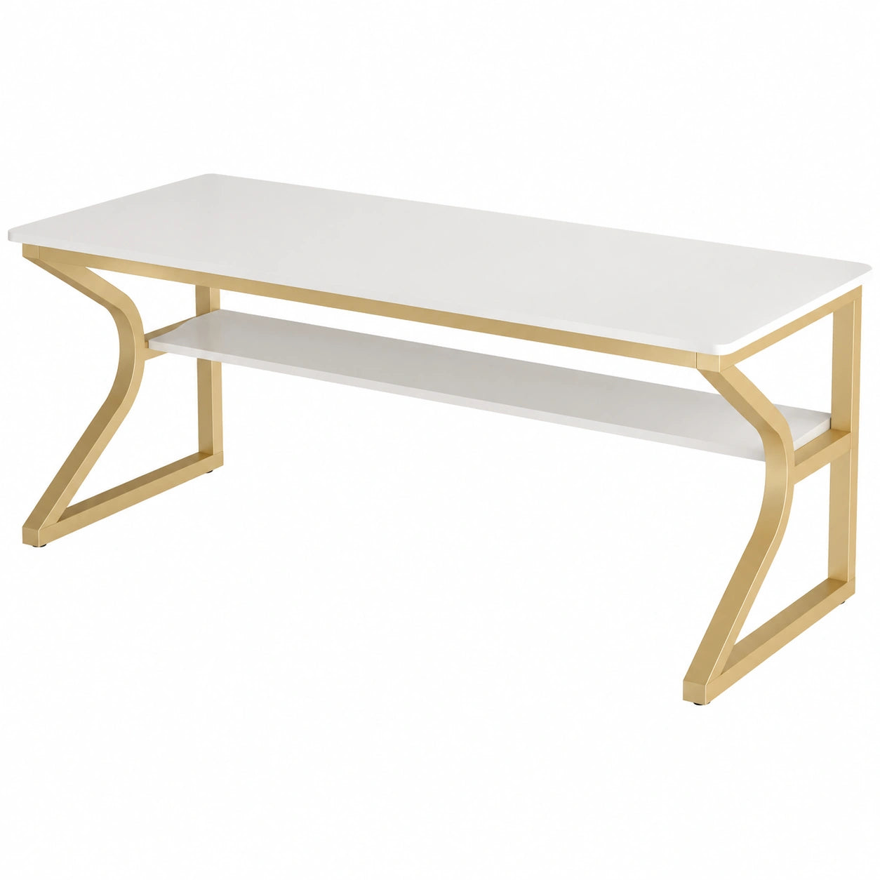 Moderner Doppelschreibtisch mit Regal, 160cm, für zwei Personen, Bürotisch in Gold