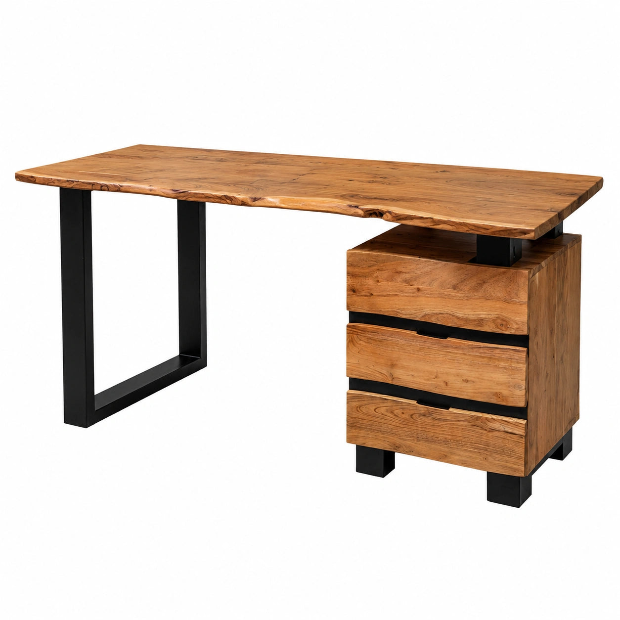 Massiver Akazienholz-Schreibtisch Nara mit Baumkante und Schubladen, Bürotisch mit schwarzem U-Gestell, 170x70x76 cm